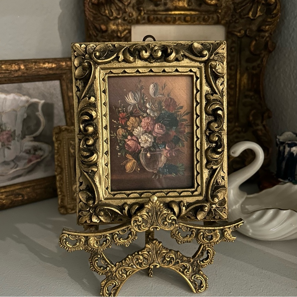SOLD.   Made in Italy Ornate Gold Picture Frame with Floral Art Print